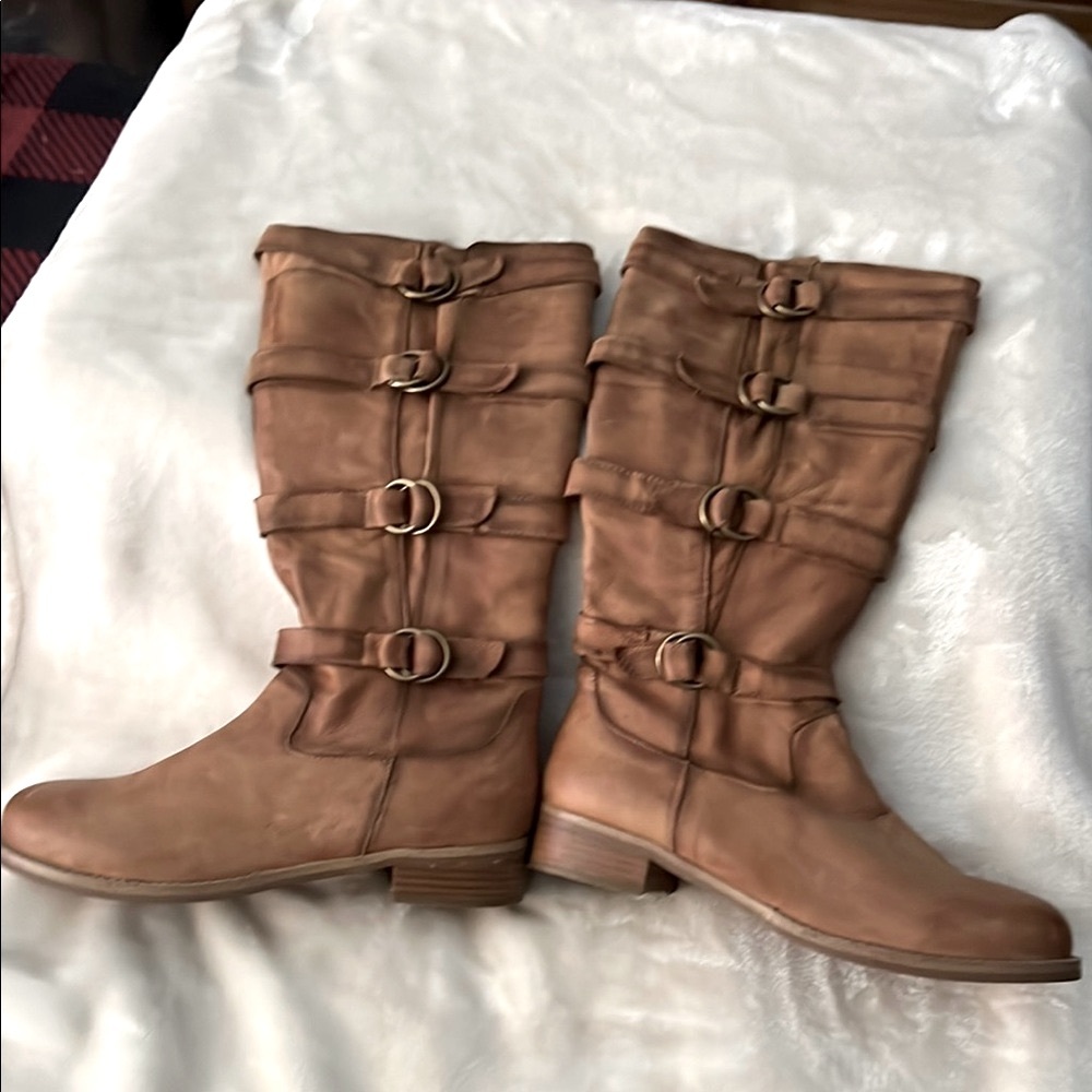 👢 SOFT TAN LEATHER FULL ZIP KNEE-HIGH 
 NON-SLIP BUCKLED RIDING BOOT Women’s 10 - Picture 4 of 13